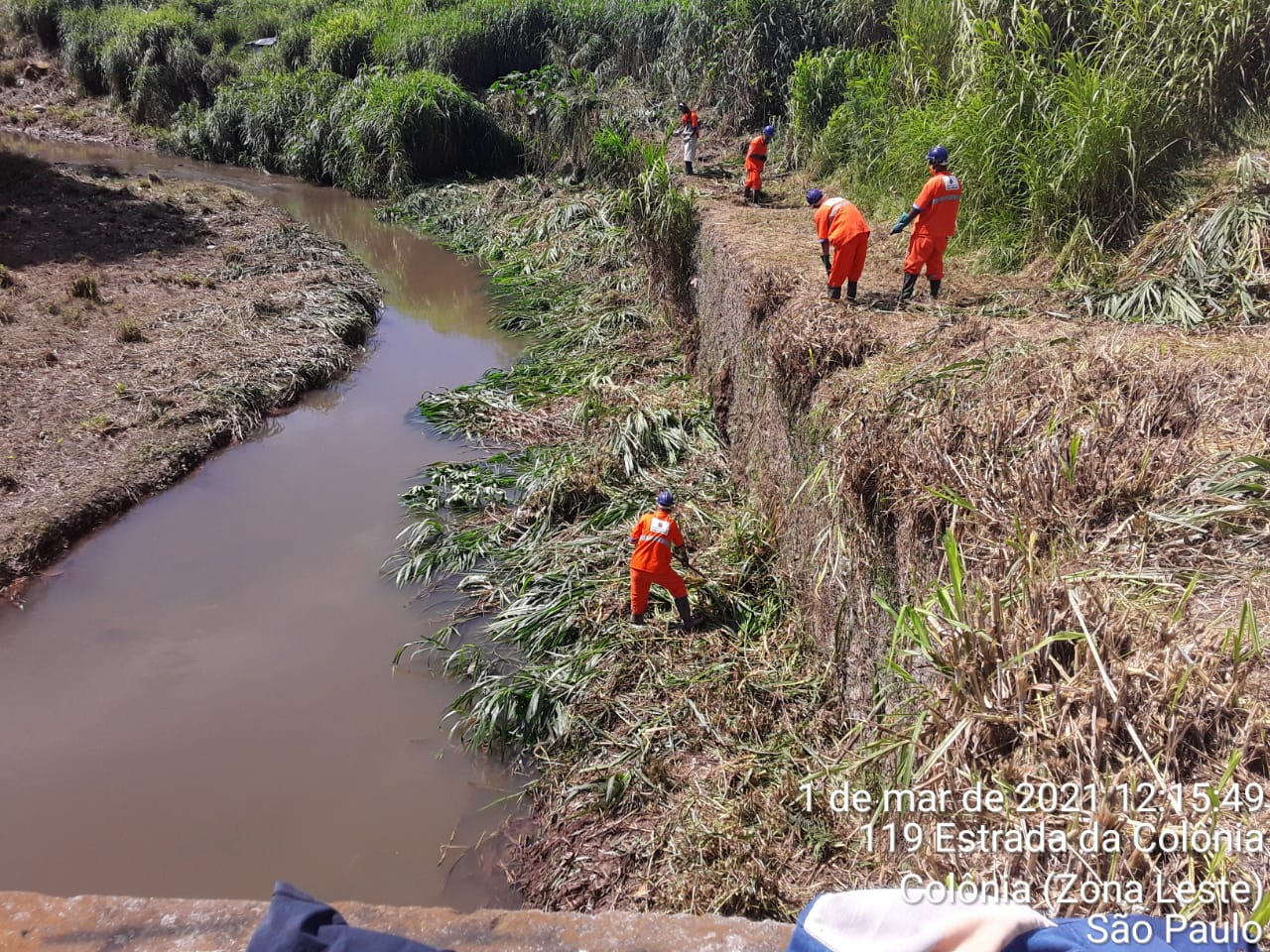 Homens vestidos de macacão laranja cortam mato no leito de um rio.